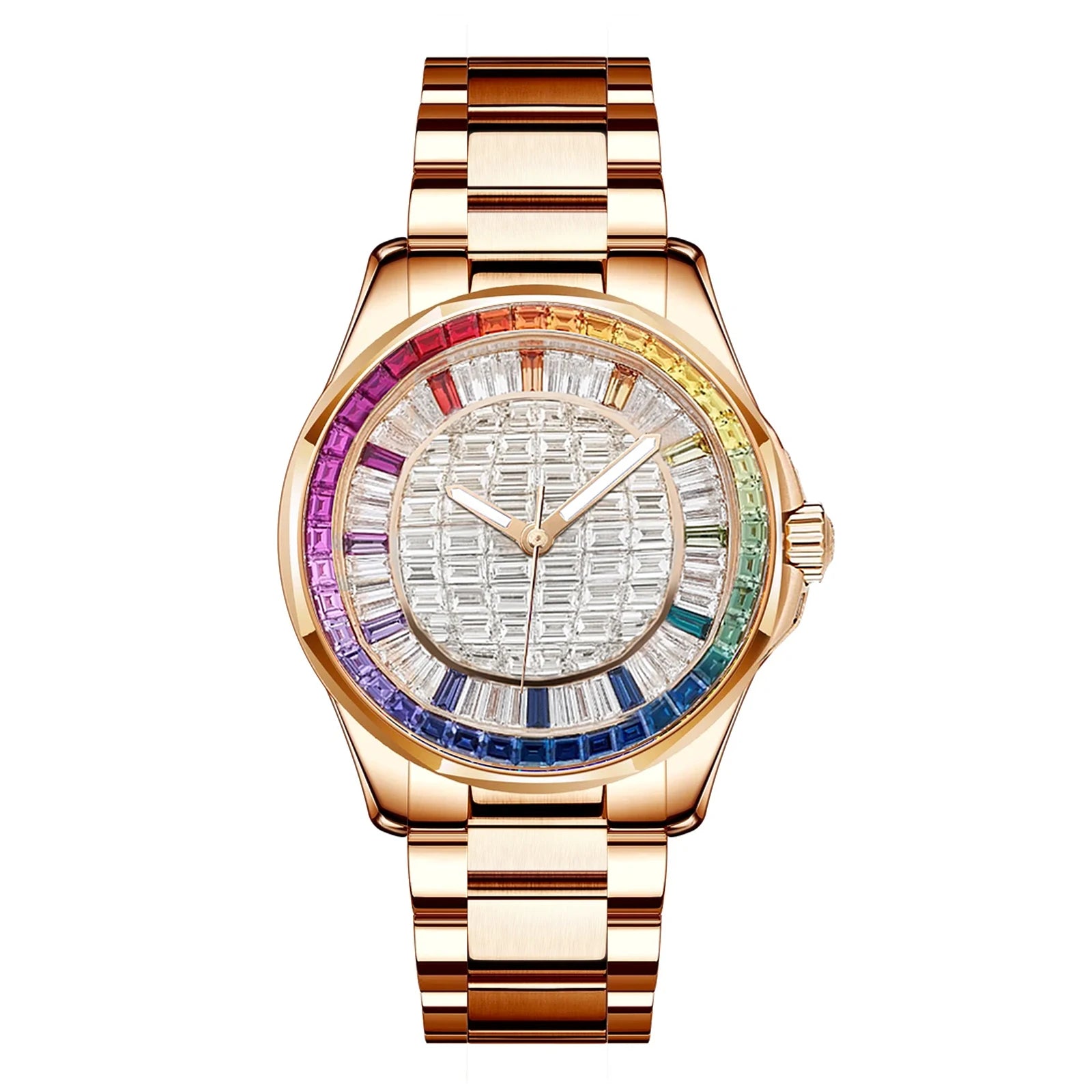 Reloj mecánico de lujo con diamantes cuadrados coloridos