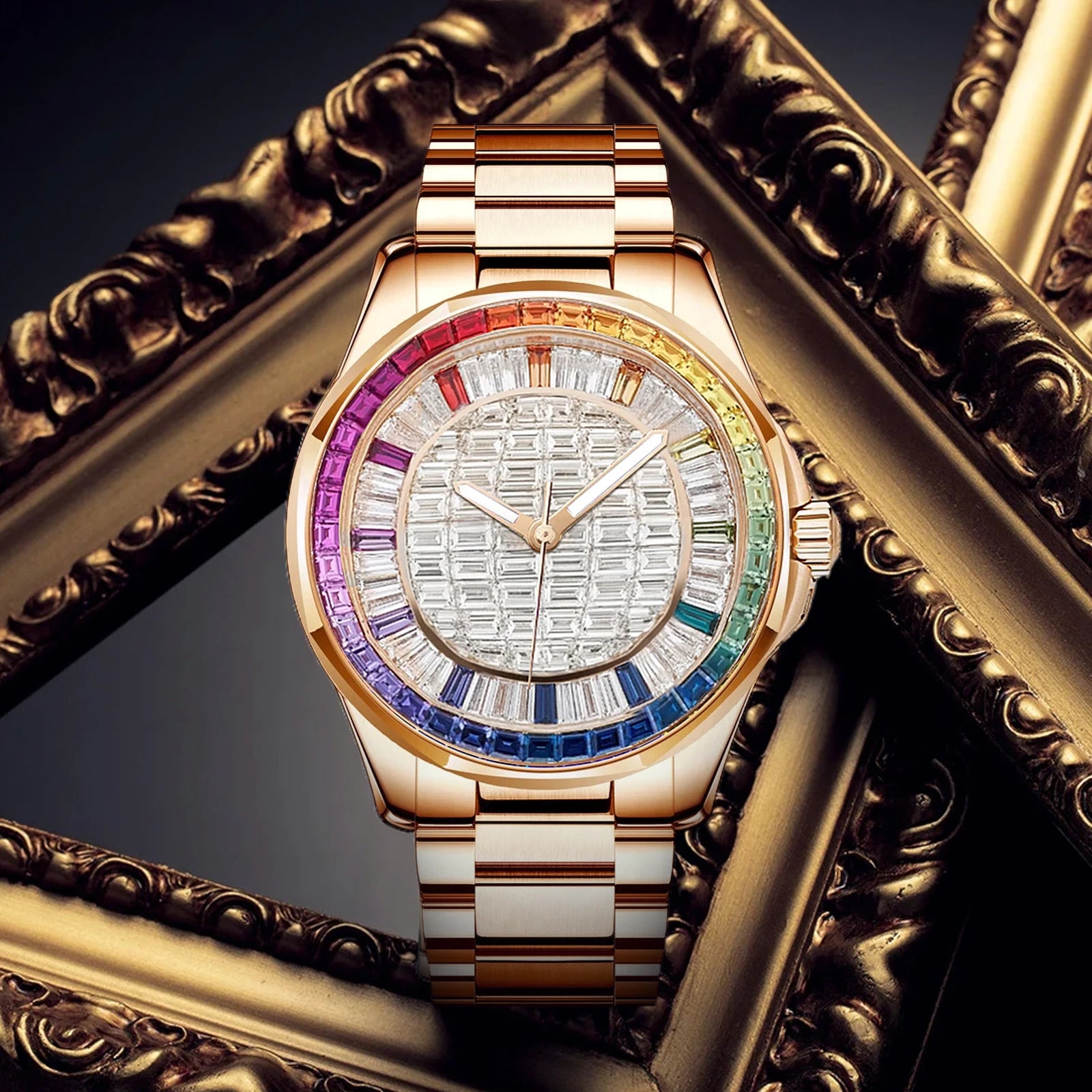 Reloj mecánico de lujo con diamantes cuadrados coloridos